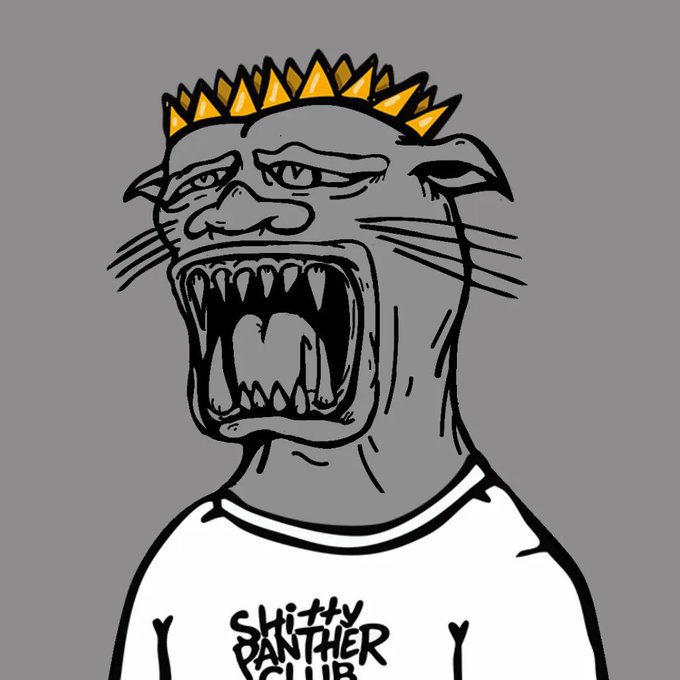 A cartoon illustration of a gray, screaming creature with sharp teeth wearing a spiked yellow crown and a white shirt that reads 'shitty PANTHER CLUB'.