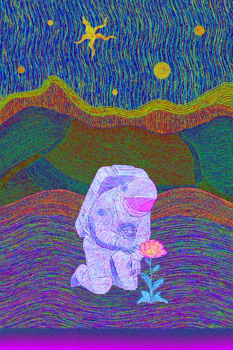 A colorful psychedelic illustration shows a small seated figure looking at a flower under a patterned night sky with a bird and several glowing yellow circles.