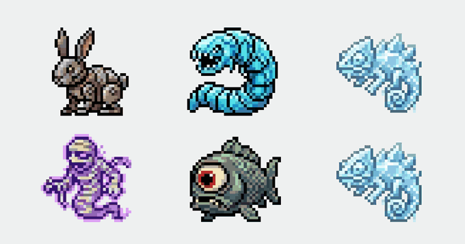 Six pixel art creatures arranged in a grid on a gray background, including a rabbit, blue worms, a purple figure, a fish-like creature, and blue seahorse-like beings.