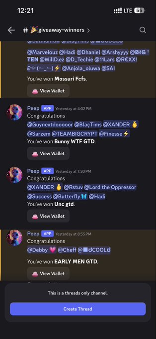 A mobile screenshot of a Telegram channel '#🦋giveaway-winners' showing multiple users winning NFT giveaways including 'Mossuri Fcfs', 'Bunny WTF GTD', and 'Unc gtd'.