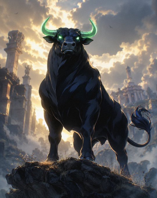 A powerful black bull with glowing green horns and eyes stands on a rocky outcrop against a dramatic sky with ancient ruins in the background.