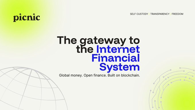The image is a promotional banner for **Picnic**, featuring the tagline "The gateway to the Internet Financial System" with the subtext "Global money. Open finance. Built on blockchain." It also displays the values "Self Custody, Transparency, Freedom" alongside decorative globe and network graphics.

This banner represents Picnic's brand identity and value proposition, which the accompanying post connects to their new presence on the **BitcoinBR Hub marketplace**—positioning Picnic as a Bitcoin and crypto infrastructure project joining the Brazilian Bitcoin ecosystem alongside other builders.