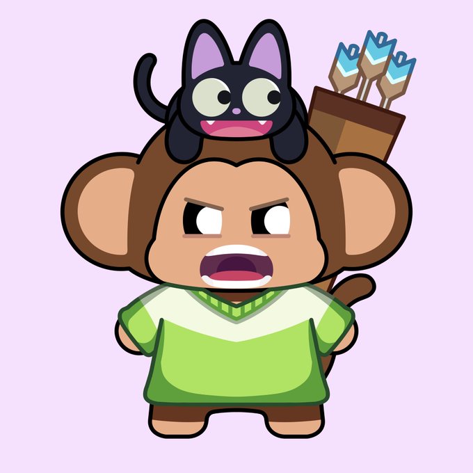 Cartoon illustration of a monkey character in a green shirt with an angry expression, while a small black cat with a smiling face sits on its head next to a quiver of arrows.