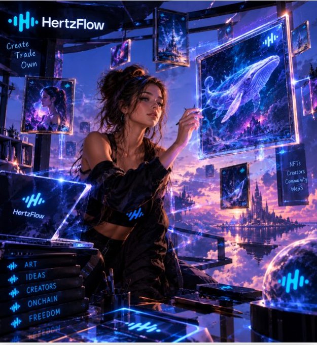 A neon blue-and-purple digital-art scene branded "HertzFlow" shows a woman painting a whale on floating canvases, with visible phrases including "Create Trade Own," "NFTs Creators Community Web3," and menu items "ART," "IDEAS," "CREATORS," "ONCHAIN," and "FREEDOM."