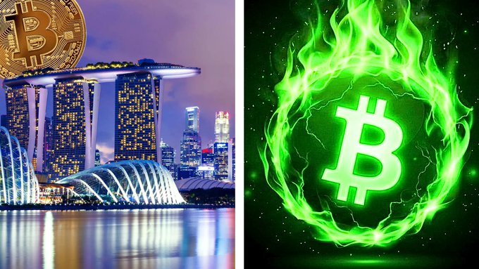 A split image showing the Singapore skyline at dusk with a Bitcoin coin overlay on the left, and a green Bitcoin logo surrounded by flames on the right.