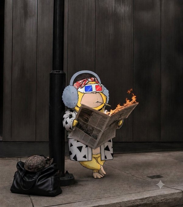 An animated character with earmuffs and 3D glasses reading a burning newspaper on a city street, with a black bag and hat on the ground beside them.