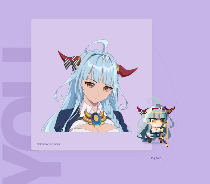 A side-by-side comparison showing an anime-style female character with light blue hair, red horns, and a striped bow labeled "Collection artwork" alongside her pixelated in-game sprite version labeled "in-game," illustrating how an NFT collection transforms into a playable fighting character for the @tokesuworld browser-based fighting game on Robinhood Chain.