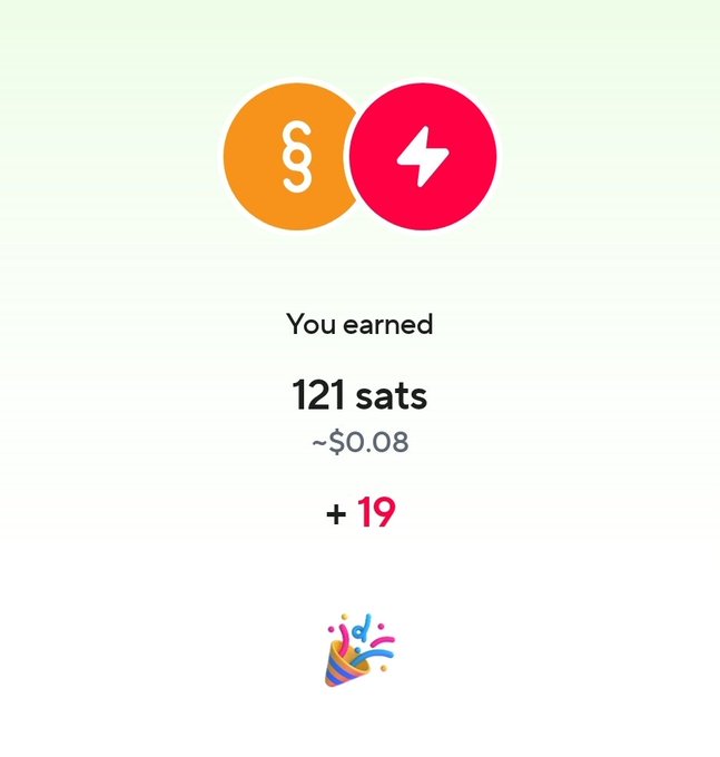 A reward notification showing **121 sats earned** (~$0.08) with a bonus of **+19**, featuring the orange Swan and pink Lightning Network logos above and a party popper emoji below. The image visually celebrates the daily Bitcoin accumulation milestone mentioned in the post about stacking sats.