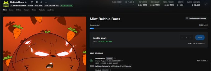 This is a screenshot of the "Mint Bubble Buns" NFT collection, showing the "Bubble Vault" with "Minting Now" active, and a mint schedule for August 31st with a total supply of 4,444.