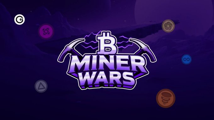 A logo for "MINER WARS" with a stylized pickaxe and Bitcoin 'B' symbol on a purple background featuring floating cryptocurrency icons.