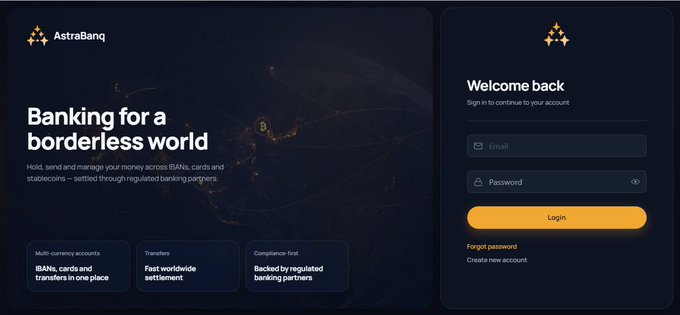 A login page for "AstraBanq" featuring the tagline "Banking for a borderless world," with a welcome message prompting users to sign in to continue to their account via email and password. The interface highlights multi-currency accounts, fast worldwide settlement, and compliance-first banking, aligning with AstraBanq 2.0's rebuild for new partners, payment protocols, and crypto/fiat services.