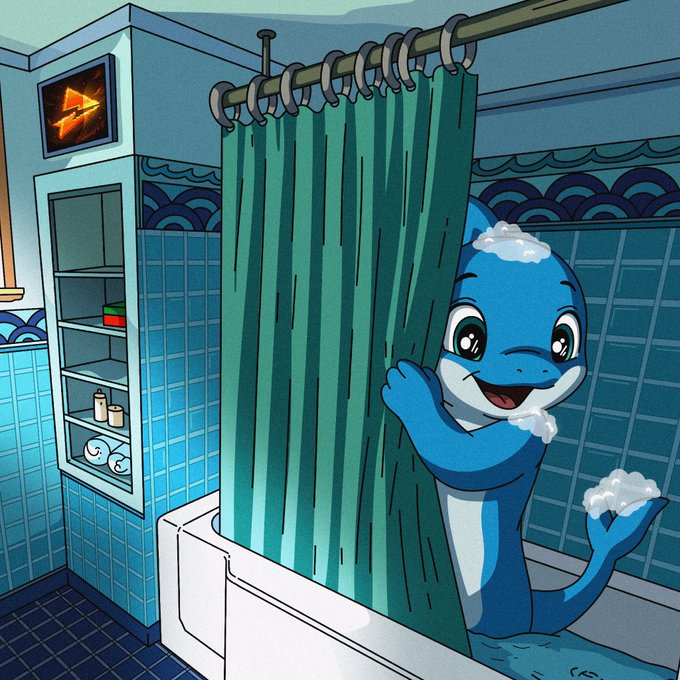 A cartoon blue shark peeks playfully out from behind a green shower curtain in a tiled bathroom, soap suds on its head and tail. The image mirrors the post's metaphor about embedded human latency—like the shark hidden behind the curtain, human verification is concealed yet unavoidably present in supposedly autonomous processes.