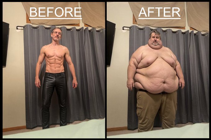 A humorous before-and-after comparison image showing a muscular man on the left labeled 'BEFORE' and the same man with an exaggerated, extremely obese body on the right labeled 'AFTER'.