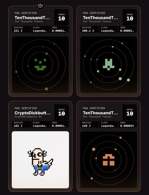 Four FWA Certified 'Ten Thousand Tokens' and 'CryptoDickbutt-93' NFT cards displayed with Grade 10 rankings and pixel-art alien designs.