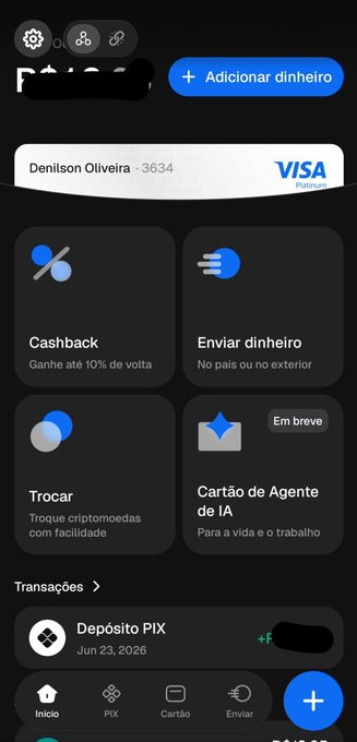 The image shows a cryptocurrency app interface (Oobit) with a Visa Platinum card linked to "Denilson Oliveira -3634," featuring options for Cashback, sending money, trading crypto, and a completed "Depósito PIX" (PIX Deposit) transaction. The deposit confirmation in the app visually supports the post's claim of a fast and smooth PIX deposit process.