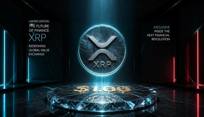 Promotional graphic for XRP cryptocurrency showing the coin at $1.66 with text 'THE FUTURE OF FINANCE' and 'REDEFINING GLOBAL VALUE EXCHANGE' in a futuristic neon-lit setting.
