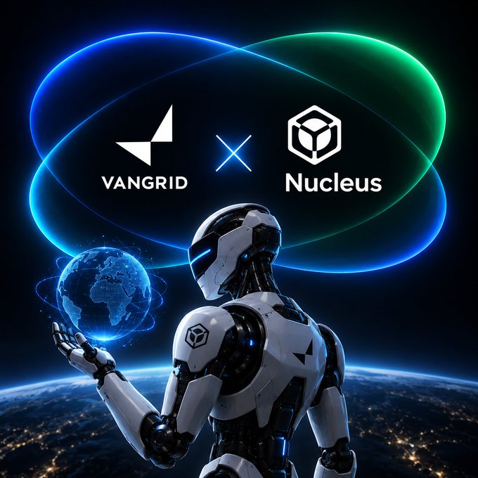 A futuristic promotional image featuring a white robot holding a glowing blue digital Earth, with VANGRID and Nucleus logos connected by an 'X', set against a space backdrop with orbital light rings.