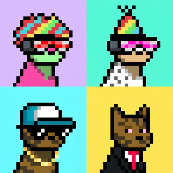 Four pixel art character portraits arranged in a 2x2 grid on colored backgrounds, depicting diverse characters including a green-skinned character with a colorful headwrap and a brown bear-like character in a suit.