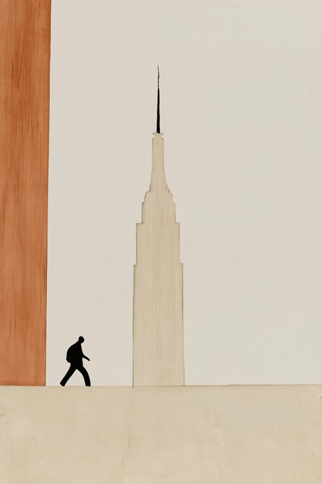 A minimalist painting features a tall, stylized skyscraper-like structure next to an orange vertical panel, with a black silhouette of a walking figure below.