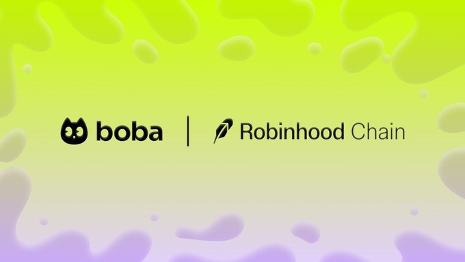 A promotional graphic with a green and purple gradient background showing the 'boba' and 'Robinhood Chain' logos side by side, indicating a partnership.