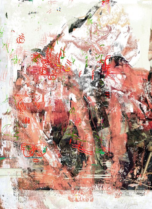 An abstract mixed-media artwork featuring chaotic red, green, and black brushstrokes and marks on a white background.