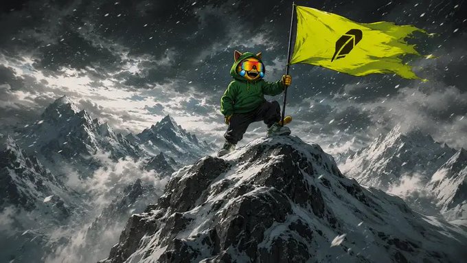 A digital artwork shows a character wearing a green hoodie and a yellow smiley-face mask with cat ears, standing triumphantly atop a snowy mountain peak and holding a bright yellow flag with a dark symbol.