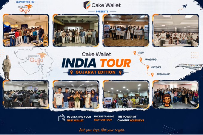A promotional collage for the 'Cake Wallet INDIA TOUR - GUJARAT EDITION' supported by Onchain Gujju, showing multiple photos of group gatherings and educational sessions across Surat, Ahmedabad, Vadodara, and Gandhinagar, with the tagline 'Not your keys, Not your crypto.'