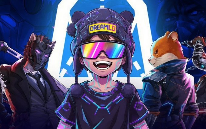 The image features a cartoon boy wearing a black shirt with purple and blue neon lights, sunglasses, and a hat with a yellow logo. Behind him are two other cartoon characters - one dressed as a mannequin and another as a bear. The caption reads "Finally, @hamieverse dropped its roadmap, and honestly the project is insanely ambitious. First thing i want to point out, it’s fully self funded at the moment, and it’s not just some NFT thing or a single game, It’s a whole ecosystem that mixes gaming and storytelling."