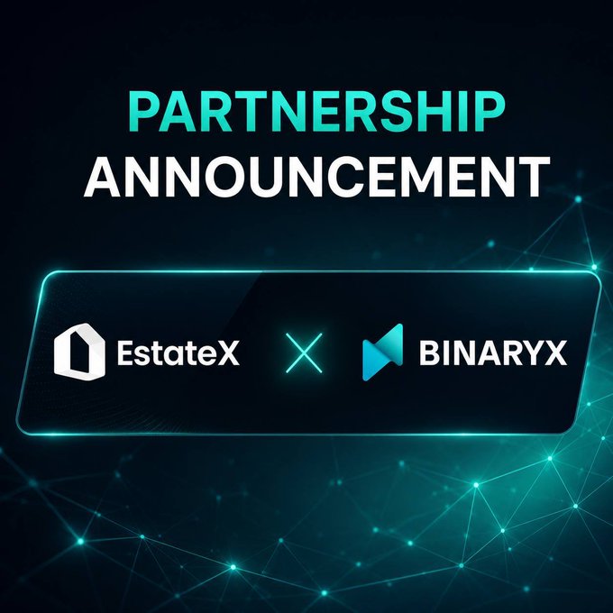 A digital graphic with a futuristic teal network background displays "PARTNERSHIP ANNOUNCEMENT" at the top, featuring the EstateX and BinaryX logos separated by an "X" inside a glowing rectangular frame—visually reinforcing the post's announcement of a new collaboration between the two tokenization platforms.
