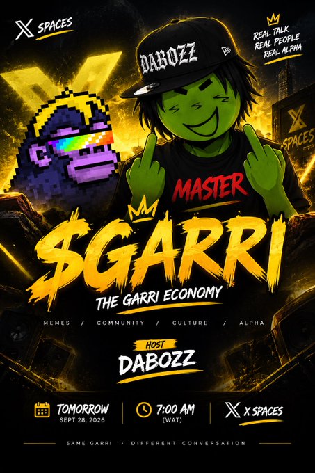 Promotional poster for a "$GARRI Economy" X Spaces event hosted by Dabozz (featuring "@degenBRO__"), scheduled for September 28, 2026, at 7:00 AM WAT, with the tagline "Same Garri - Different Conversation." The bold design features a green-skinned cartoon character in a "MASTER" shirt alongside a pixelated NFT-style avatar, matching the post's announcement of a discussion on $GARRI, Web3 culture, memes, and community.
