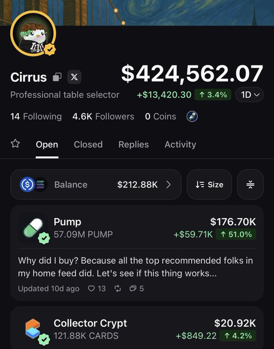 A mobile app interface for "Cirrus" showing a portfolio balance of $424,562.07 with a 3.4% gain, displaying positions including "Pump" ($176.70K) and "Collector Crypt" ($20.92K) on a dark background with a Starry Night motif.