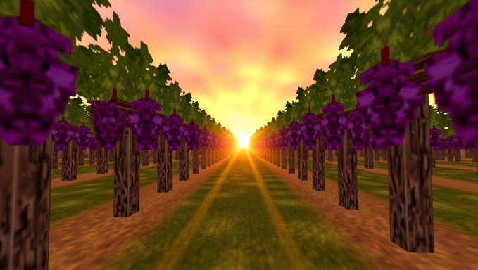 A low-poly 3D rendered scene shows a vineyard with rows of purple grapevines flanking a dirt path that leads toward a bright sunset on the horizon.