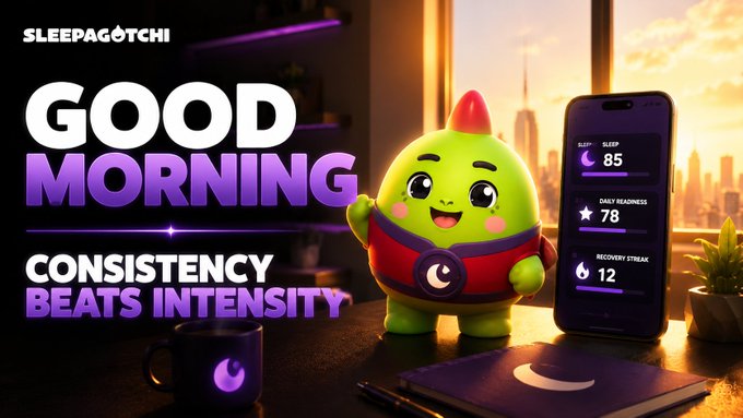 A promotional graphic for 'SLEEPAGOTCHI' displays 'GOOD MORNING' and 'CONSISTENCY BEATS INTENSITY' alongside a green cartoon mascot in a superhero outfit and a smartphone showing sleep stats: Sleep 85, Daily Readiness 78, Recovery Streak 12.