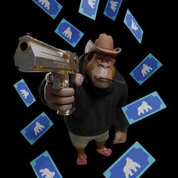 The image features a cartoon character, possibly a gorilla or a monkey, holding a gun with a cowboy hat on his head. The character appears to be standing against a black background, surrounded by numerous blue dollar bills scattered around him. There are at least 13 of these bills in various sizes and positions, creating an interesting visual effect that emphasizes the character's presence and the money theme.