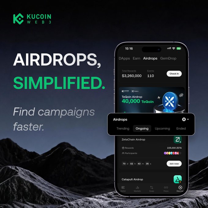 A promotional graphic for KuCoin Web3 features the headline "AIRDROPS, SIMPLIFIED" alongside a mobile app interface displaying the Airdrops page with tabs for Trending, Ongoing, Upcoming, and Ended campaigns, showcasing ongoing airdrops like TeQoin (40,000 TeQoin), ZetaChain (225,000 ZETA), and Catapult Airdrops. The image illustrates the post's announcement about an upgraded Airdrops hub that streamlines campaign discovery with filters, status tabs, and real-time onchain task verification.
