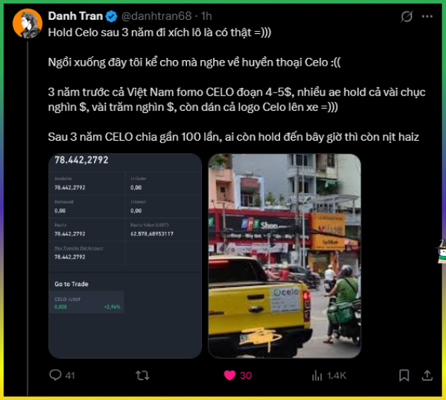 A screenshot of a Twitter/X post by @danh tran68 discussing how 'Celo' cryptocurrency price dropped dramatically after 3 years, showing a CELO token chart priced around $0.800 and an image of a yellow taxi with Celo branding in Vietnam.