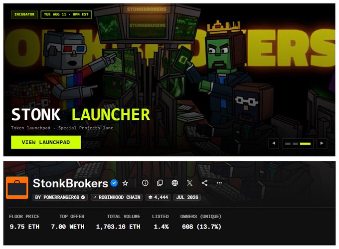 A webpage screenshot showing 'STONK LAUNCHER' for 'StonkBrokers' NFT collection with details including Floor Price 9.75 ETH, Total Volume 1,763.16 ETH, and 608 owners on Robinhood Chain.