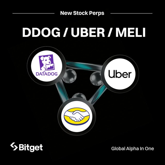 A Bitget promotional graphic announces "New Stock Perps" for DDOG, UBER, and MELI, displaying their respective logos—Datadog, Uber, and MercadoLibre—connected in a triangular arrangement against a black background, with the tagline "Global Alpha In One" at the bottom.
