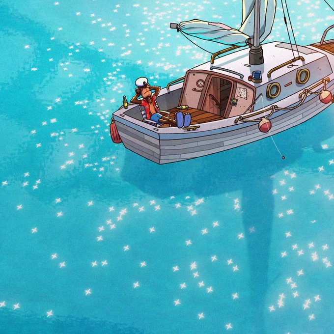 A whimsical illustration of a lone sailor relaxing on a small white boat anchored in turquoise water filled with starfish-shaped reflections.