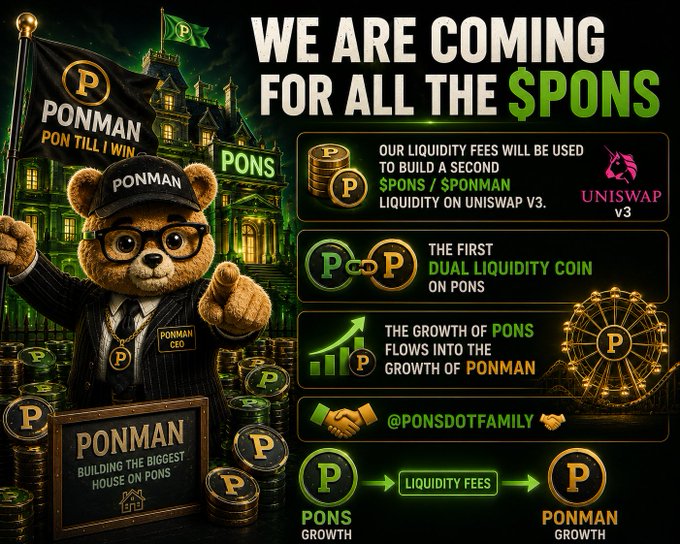 A promotional infographic for 'PONMAN' cryptocurrency featuring a teddy bear mascot in a suit and cap, declaring 'WE ARE COMING FOR ALL THE $PONS' with details about liquidity fees, Uniswap v3, and growth mechanics.