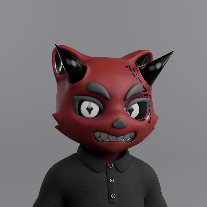 A 3D rendered character featuring a red demonic cat-like head with black horns, sharp teeth, and a stitched scar over one eye, wearing a black polo shirt against a gray background.