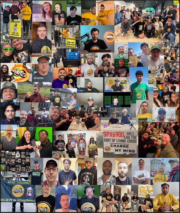 A collage of numerous photos featuring people associated with the SPX6900 community, wearing branded merchandise, with visible text including 'SPX6900 WILL END THE COST OF LIVING CRISIS CHANGE MY MIND'.