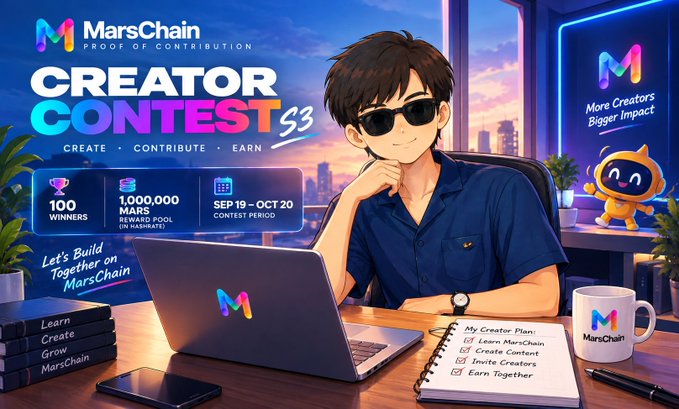 A promotional graphic for the MarsChain Creator Contest S3, advertising 100 winners, a 1,000,000 MARS reward pool, and a contest period from Sep 19 to Oct 20, featuring an anime-style character with sunglasses.