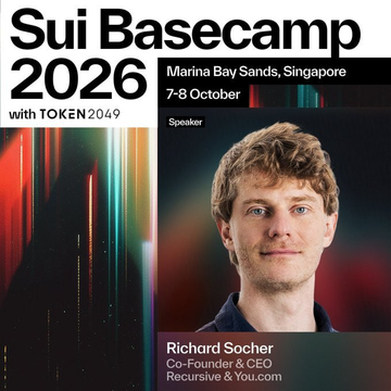A promotional graphic for "Sui Basecamp 2026" with TOKEN2049 on October 7-8 at Marina Bay Sands, Singapore, announcing speaker Richard Socher, Co-Founder & CEO of Recursive / You.com.