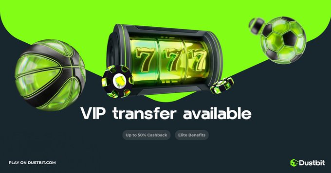 An advertisement for Dustbit featuring a green slot machine displaying "777", a basketball, a soccer ball, and a poker chip, with text reading "VIP transfer available", "Up to 50% Cashback", "Elite Benefits", and "PLAY ON DUSTBIT.COM".