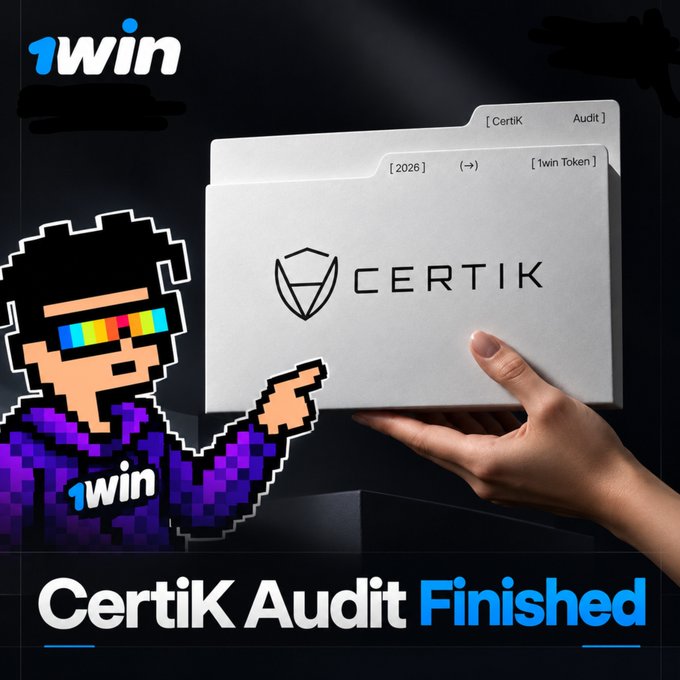The image shows a pixelated character wearing a "1win" shirt and rainbow sunglasses holding a folder labeled "CertiK [1win Token Audit 2026]", with the 1win logo and bold text reading "Certik Audit Finished." It visually aligns with the post by confirming the completion of 1win Token's CertiK security audit, emphasizing the project's commitment to transparency ahead of its next phase.