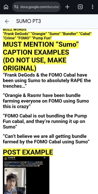 A screenshot of a Google Doc titled "SUMO PT3" listing buzz words ("Frank DeGods," "Orange," "Sumo," "Bundler," "Cabal," "Crime," "FOMO," "Pump Fun"), caption examples promoting "Sumo" as a tool for the "FOMO Cabal," and a post example screenshot of Mack Emojis mentioning Orange and Rasmr bundle farming on FOMO—appearing to support claims of a paid FUD campaign against the Sumo meme coin.