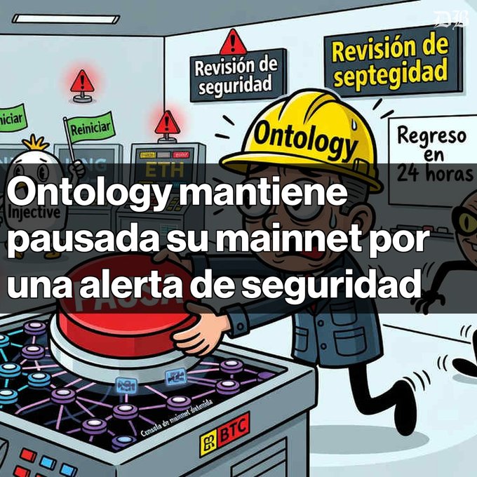 A cartoon illustration of a worker wearing an 'Ontology' hard hat pressing a big red emergency stop button, with Spanish text 'Ontology mantiene pausada su mainnet por una alerta de seguridad' and signs reading 'Revisión de seguridad' and 'Revisión de septegidad'.