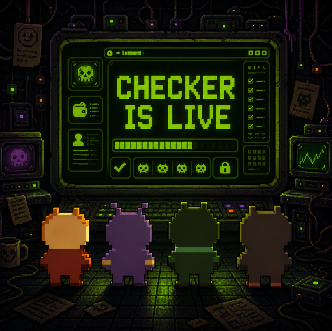 A retro pixel-art scene shows four blocky characters standing before a glowing green monitor that displays the bold text "CHECKER IS LIVE," visually echoing the post's announcement that less than 24 hours remain before the mint and inviting users to drop their wallets for a chance to join the list.