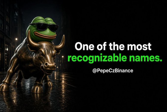 A dark meme-style graphic shows a bull with a frog wearing sunglasses on its back, alongside the text “One of the most recognizable names.” and “@PepeCzBinance.”